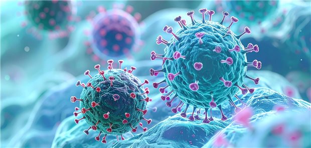 Illustration eines Respiratorischen Synzytialvirus (RSV) auf Epithel der Atemwege. Aktuell zirkulieren unter den akuten Atemwegserregern vorrangig RSV, gefolgt von Influenza und SARS-CoV-2.
