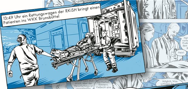 Die Arbeit im Westküstenklinikum als Comic nachgezeichnet Im Comic „Mehr als eine Ohnmacht“ wird die Arbeit der Ärzte nach Ankunft eines Patienten gezeigt.
