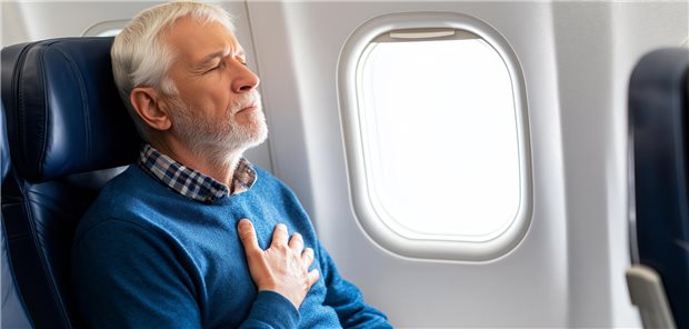 Ein älterer Flugpassagier fasst sich an die Brust. Herzprobleme?
