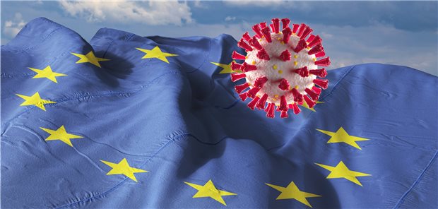 Praxen haben großen Anteil am glimpflichen Corona-Pandemieverlauf Coronavirus vor Europa-Flagge
