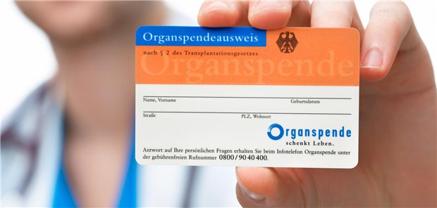 Ein Arzt hält einen Organspendeausweis in die Kamera.