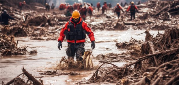 Leitlinie für Rettungskräfte im Katastrophenfall veröffentlicht Rettungskraft im Schlamm.