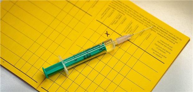 Eine Spritze mit Impfstoff liegt auf einem Impfausweis. 