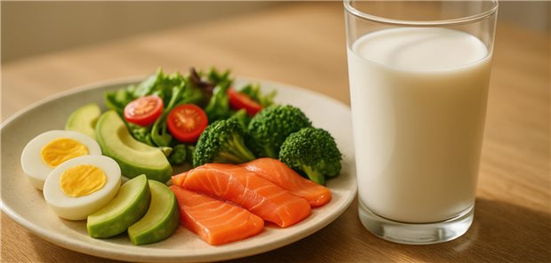 Auf einem teller liegen Eier, Avocados, Brokkoli und Lachs, daneben steht ein Glas Milch.