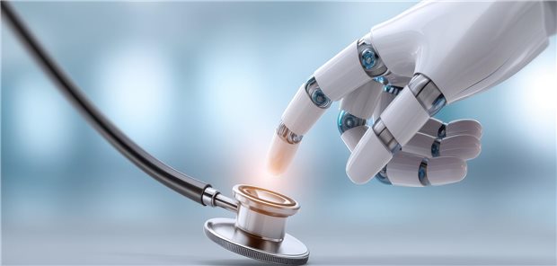 Eine Roboterhand zeigt auf ein Stethoskop