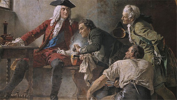 Der Alchemist des weißen Goldes Johann F. Böttger zeigt August dem Starken das Arkanum (Wandgemälde von Paul Kießling)