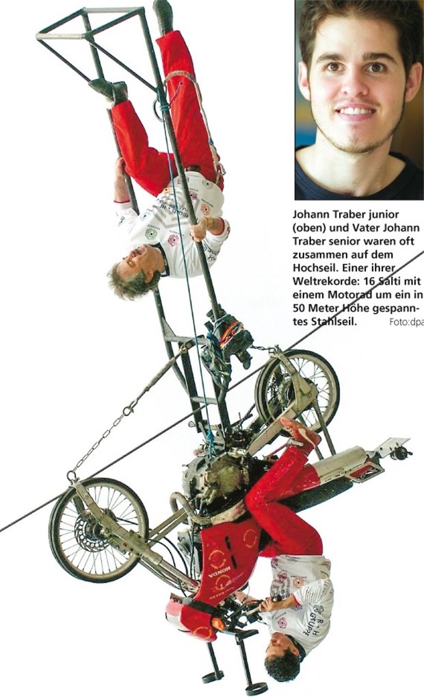 Ein Hochseilartist kennt (fast) keine Angst Johann Traber junior (oben) und Vater Johann Traber senior waren oft zusammen auf dem Hochseil. Einer ihrer Weltrekorde: 16 Salti mit einem Motorad um ein in 50 Meter Höhe gespanntes Stahlseil.