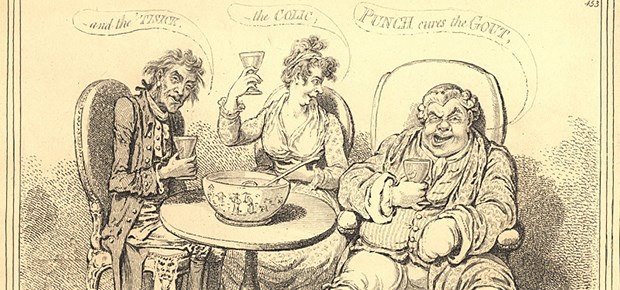 Karikatur aus der viktorianischen Zeit (Ende 19. Jahrhundert). Patienten und Gesundheitsprofi verbinden Gicht noch heute mit stereotypischen Darstellungen wie dem Mann rechts.