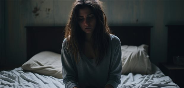 Junge Frau sitzt im Dunkeln. 