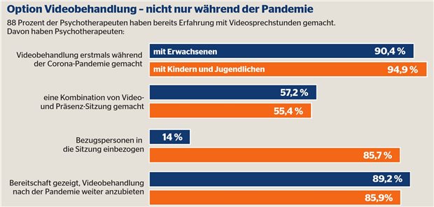 Videosprechstunde: Gekommen, um zu bleiben Tabelle: Ergebnisse der Online-Befragung der Bundespsychotherapeutenkammer (BPtK), an der sich 3434 Psychotherapeuten beteiligt haben.