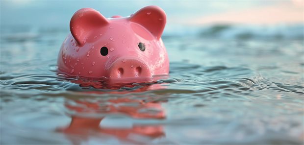 Das Foto zeigt ein Sparschwein, das im Wasser steht.
