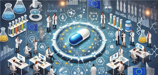 Komplexes Thema, komplexe Normsetzung: Die EU-HTA ist auch für die bildgenerative KI DALL-E eine kleine Herausforderung. Dass Biometriker et al. Erlenmeyerkolben für ihre Health Technology Assessments benötigten, gehört jedenfalls ins Reich der Gerüchte. 