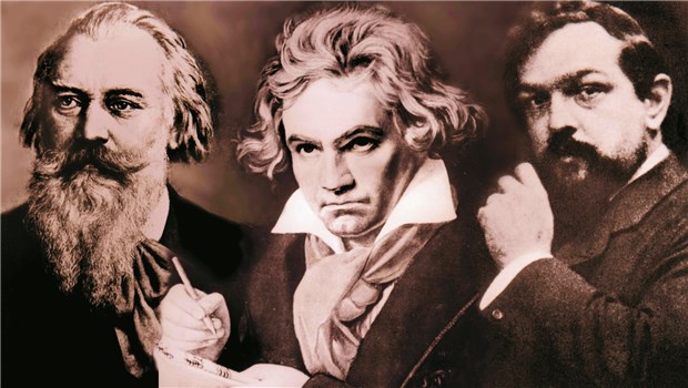 Helden der Musikgeschichte mahnen zur Krebs-Vorsorge Kranke Komponisten als Motivatoren für die Vorsorge (von links): Brahms, Beethoven und Debussy. © Roman Grösser