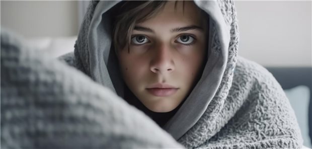 Krankes Kind mit Grippe im Bett KI