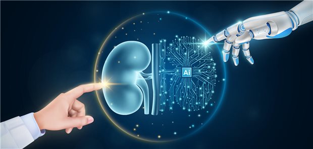 Menschliche Hand und die eines Roboters berühren zusammen ein Netzwerk.