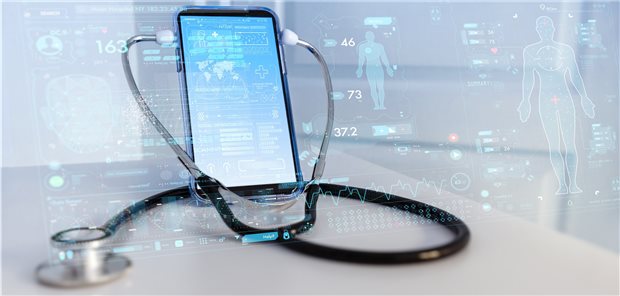 Zentrale Ethikkommission der BÄK setzt enge Grenzen für KI Smartphone mit Stethoskop.