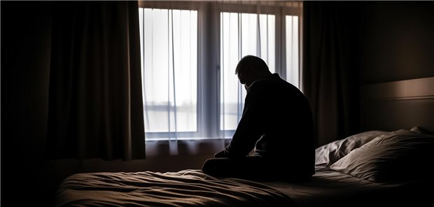 Schattenriss eines Mannes, der mit gebeugtem Kopf auf der Bettkante sitzt