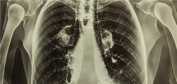 Röntgenaufnahme des Brustkorbs mit Läsionen in der Lunge.