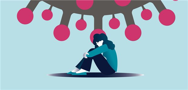 Illustration einer sitzenden Frau. Hinter ihr schwebt ein Corona-Virus. 