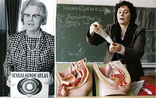 Vom Onanierverbot zur Sex-Aufklärung Meilenstein: SPD-Gesundheitsministerin Käte Strobel stellt 1969 den Sexualkunde-Atlas vor (l.), Sexualkunde-Unterricht in Berlin heute (r.)
