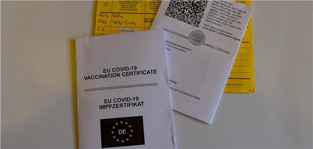 Verwirrung um Corona-Impfzertifikate in Brandenburg EU-COVID-19 Impfzertifikatdokumente und Impfbuch liegen übereinander.