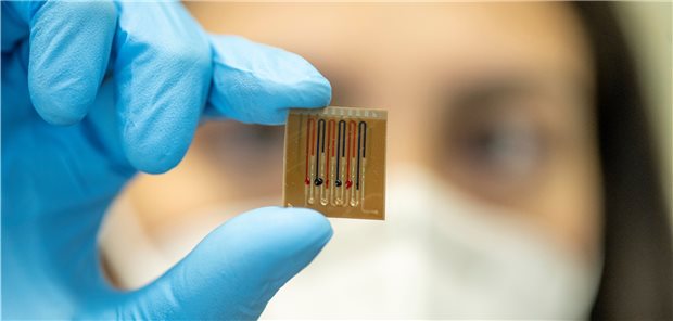 Antibiotika-Spiegel über den Atem messbar Mikrofluidik-Multiplex-Biosensor: er trägt auf einem Polymerfilm befestigte Proteine, die Antibiotika erkennen.