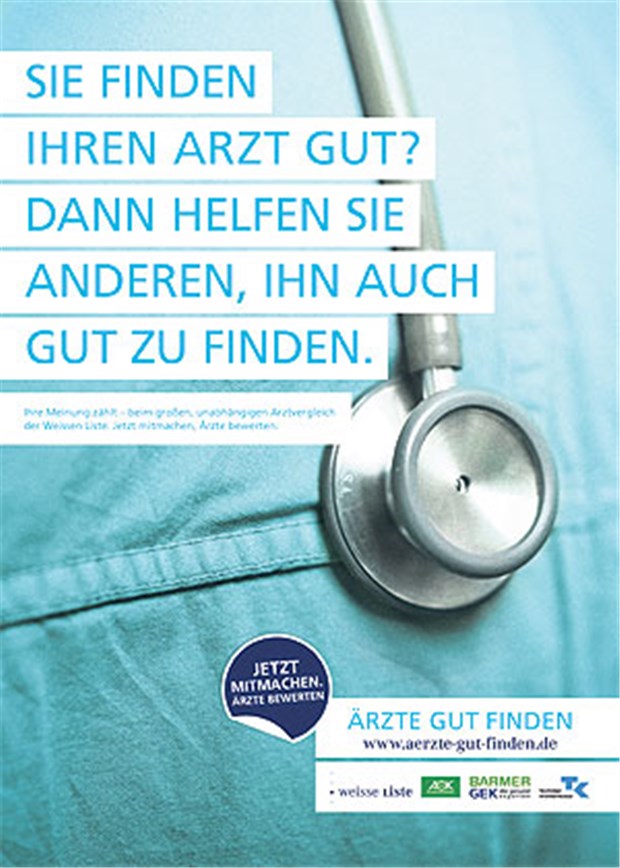 85 Prozent würden ihren Arzt weiterempfehlen Mit Anzeigen wie dieser bewerben seit Kurzem AOK, Barmer GEK und die TK bei ihren Versicherten die Möglichkeit, Arztpraxen online zu bewerten.