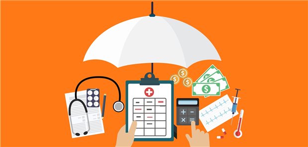 Geldscheine, Münzen, Spritze, Thermometer, Medikamente, Klemmbrett mit Formular, Stetoskop und Stift unter einem weißen Regenschirm auf orangem Grund.