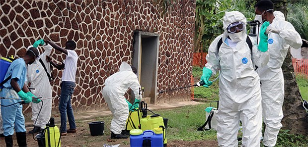 Neuer Ebola-Ausbruch im Kongo Mitarbeiter des Gesundheitsamtes desinfizieren ein Gebäude des Krankenhauses in Mbandaka (Archivbild). Kurz nach Ende der jüngsten Ebola-Epidemie im Kongo sind nun neue Fälle der gefährlichen Krankheit aufgetaucht.