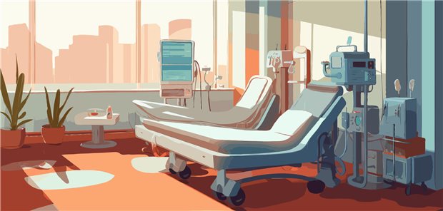 Modell einer Dialysestation: Bei der Hämodiafiltration werden Dialyse und Filtration kombiniert. Damit können im Vergleich zur alleinigen Dialyse kleine und größere Moleküle aus dem Blut entfernt werden und damit insgesamt mehr Giftstoffe.