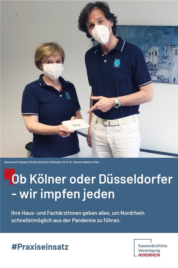 Corona-Impkampagne: „Reisepläne statt Quarantäne“ Monika Schmitz-Kolkmann und Professor Geron Nelles in Köln machen keinen Unterschied bei Kölnern oder Düsseldorfern: Eines der Motive der Kampagne der KV Nordrhein.