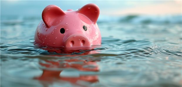 Ein rosafarbenes Sparschwein steht in Wasser.