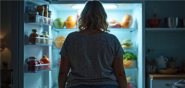 Frau vor vollem Kühlschrank