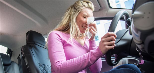ADAC warnt: Heuschnupfen – eine potenzielle Gefahr beim Autofahren Eine Frau sitzt am Steuer und niest.