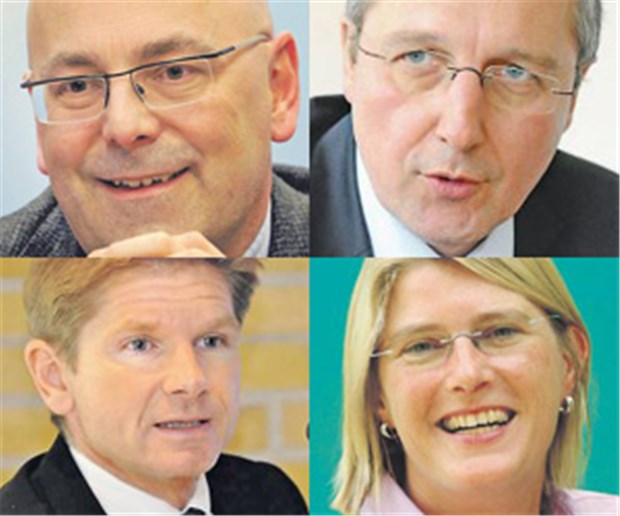 Bekommt der Norden eine große Koalition? Norddeutsche Kandidatenpalette (von links oben nach rechts unten): Albig (SPD), de Jager (CDU), Garg (FDP) und Bohn (Grüne).