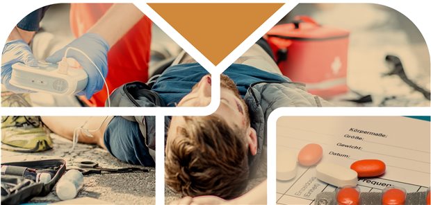 Kollage eines Unfalls und Tabletten