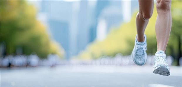 Beine eines Marathonläufers mit Turnschuhen auf einer Straße(Symbolbild)