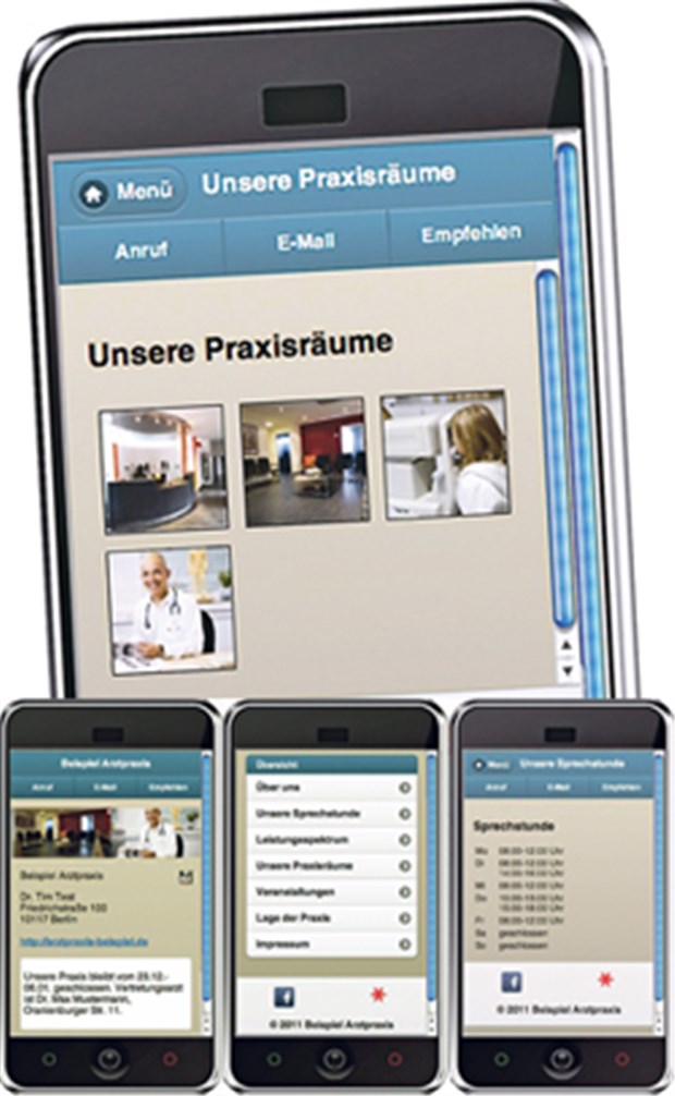 So klappt's mit dem Praxisauftritt im mobilen Web Ob Fotos von den Praxisräumen, Sprechzeiten oder ähnliches - inhaltlich stehen mobile Websites den normalen Praxishomepages in nichts nach.