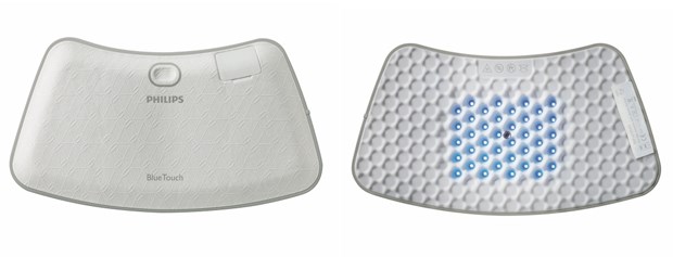 Oberseite des BlueTouch Patchs mit Bedienknopf und Unterseite mit 40 eingearbeiteten LEDs.