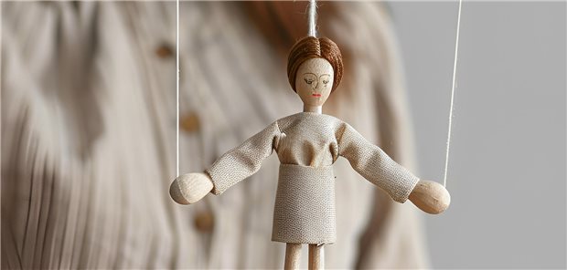 Weibliche Marionette hängt an drei Fäden.