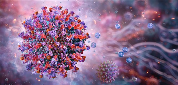 Dreidimensionale medizinische Illustration des Varicella-Zoster-Virus, einem Virus das Windpocken, Hautblasen, Nesselsucht, Wunden und Gürtelrose verursacht. 