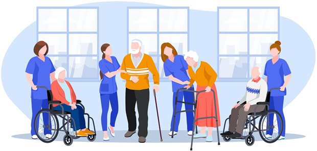 Symbolische Darstellung von Pflegekräften mit Älteren.
