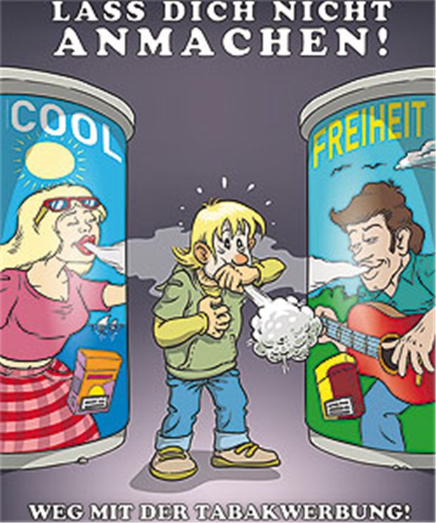 Schluss mit Tabakwerbung! Plakat für das Tabakwerbeverbot.