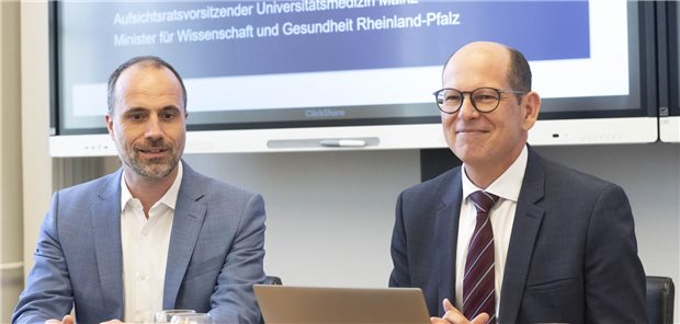 Unimedizin Mainz treibt Neustart voran Präsentierten am Mittwoch ihre 100-Tage-Bilanz: Vorstandsvorsitzender und Medizinischer Vorstand der Universitätsmedizin Mainz, Professor Ralf Kiesslich (r.), und der Aufsichtsratsvorsitzende, Minister Clemens Hoch.