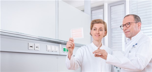 Bald Bluttest auf Brustkrebs? Prof. Dr. Sarah Schott und Prof. Dr. Christof Sohn von der Universitäts-Frauenklinik Heidelberg schauen sich die Liquid Biopsie Ergebnisse an. Mit dem neuen Verfahren sollen Brustkrebszellen leichter aufgespürt werden.