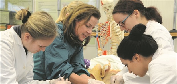 Heike Kielstein ist Professorin des Jahres Professor Heike Kielstein erklärt Studentinnen beim Sezieren das Freilegen von Gelenken und Muskeln