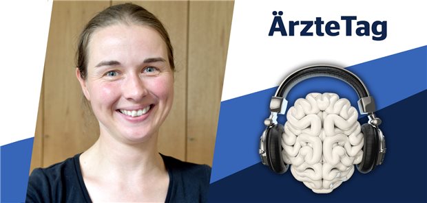 Professor Madeleine Plötz – eine Frau mit braunem, zurückgebundenem Haar und blauen Augen – lächelt auf dem Portraitfoto. Es ist eingebettet in den "ÄrzteTag"-Podcastrahmen, der blaue ist und ein weißes Gehirn mit Kopfhörern unter dem Schriftzug "ÄrzteTag" zeigt.