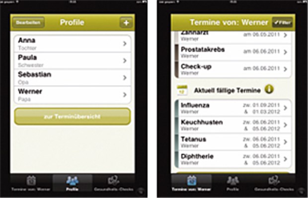 Mit "AppzumArzt" die Vorsorgetermine der ganzen Familie im Blick Profile von Papa, Opa und Tochter auf dem Smartphone anlegen: So weiß jeder, wann der nächste Arzttermin zur Vorsorge ansteht.