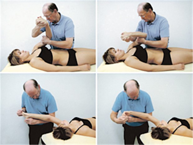 Physiotherapie mit herausragender Rolle in der Schmerztherapie Propriozeptive neuromuskuläre Fazilitation. Betonte Bewegungsfolge bei der Ellbogenreflexion, stabilisierende Kontraktion der starken Schulter- und Handgelenkmuskeln.