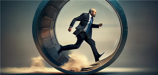 Ein Mann läuft im Hamsterrad